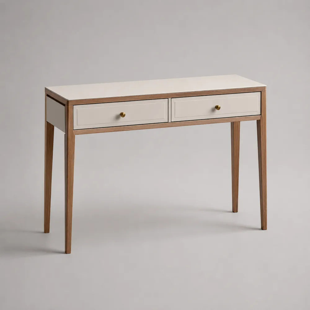 Scrivania rettangolare in MDF con 2 cassetti piano bianco e gambe effetto legno 120 x 60 x 75 cm