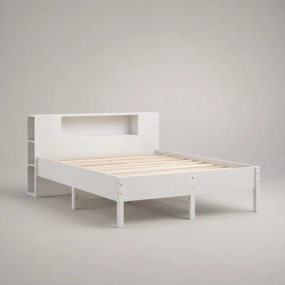 Letto matrimoniale con testiera libreria in MDF bianco con ripiani laterali e struttura rettangolare 160 x 200 cm