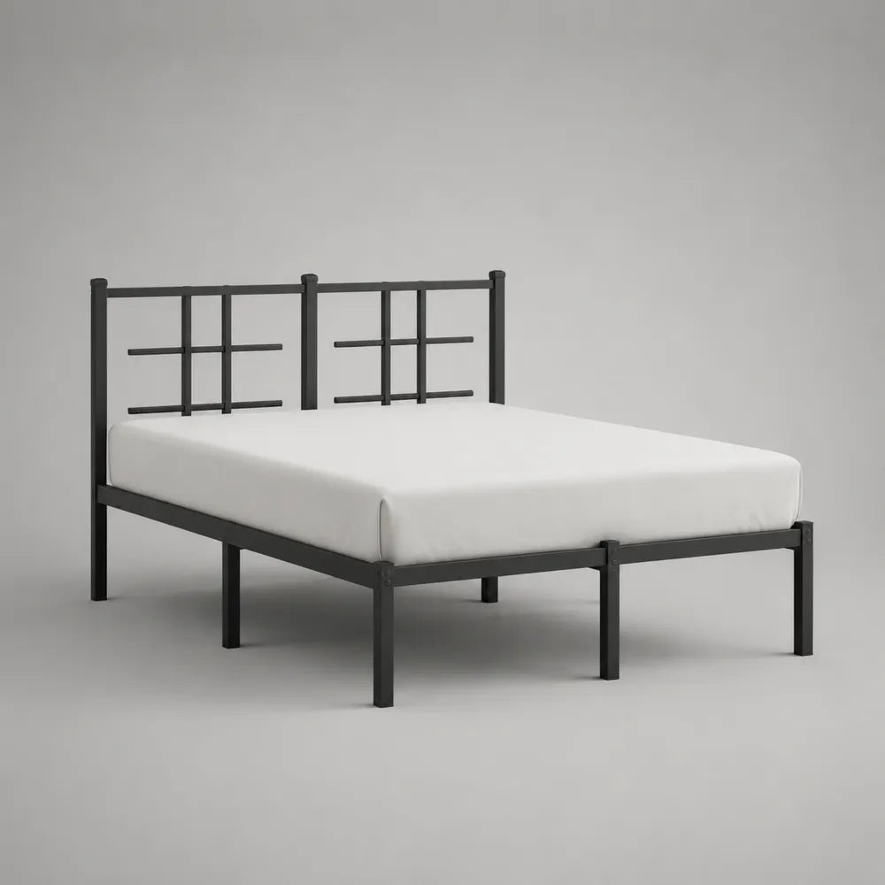 Letto matrimoniale in acciaio verniciato a polvere nero con testiera geometrica 160x200 cm