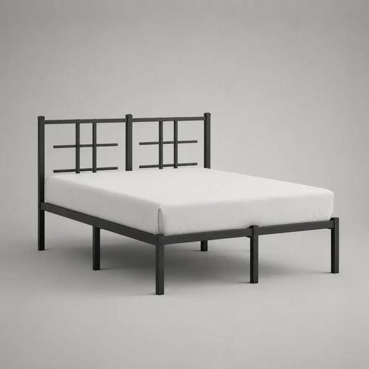 Letto matrimoniale in acciaio verniciato a polvere nero con testiera geometrica 160x200 cm