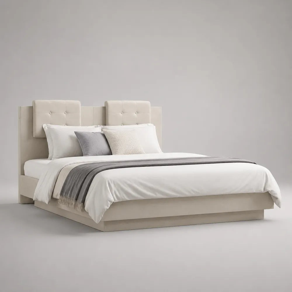Letto matrimoniale con testiera imbottita in tessuto poliestere beige 180 x 200 cm