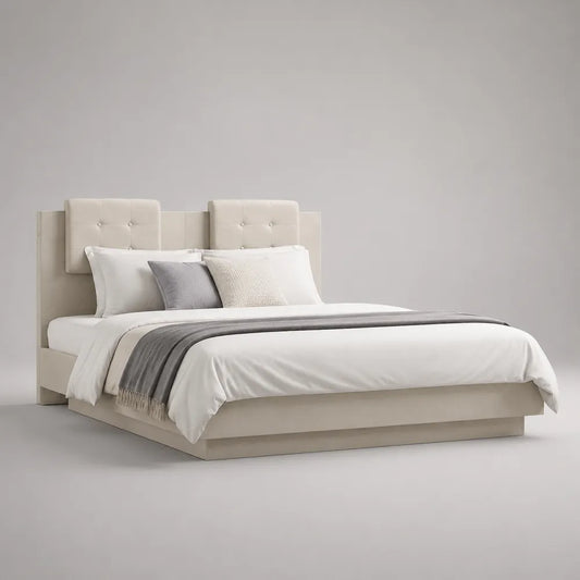 Letto matrimoniale con testiera imbottita in tessuto poliestere beige 180 x 200 cm
