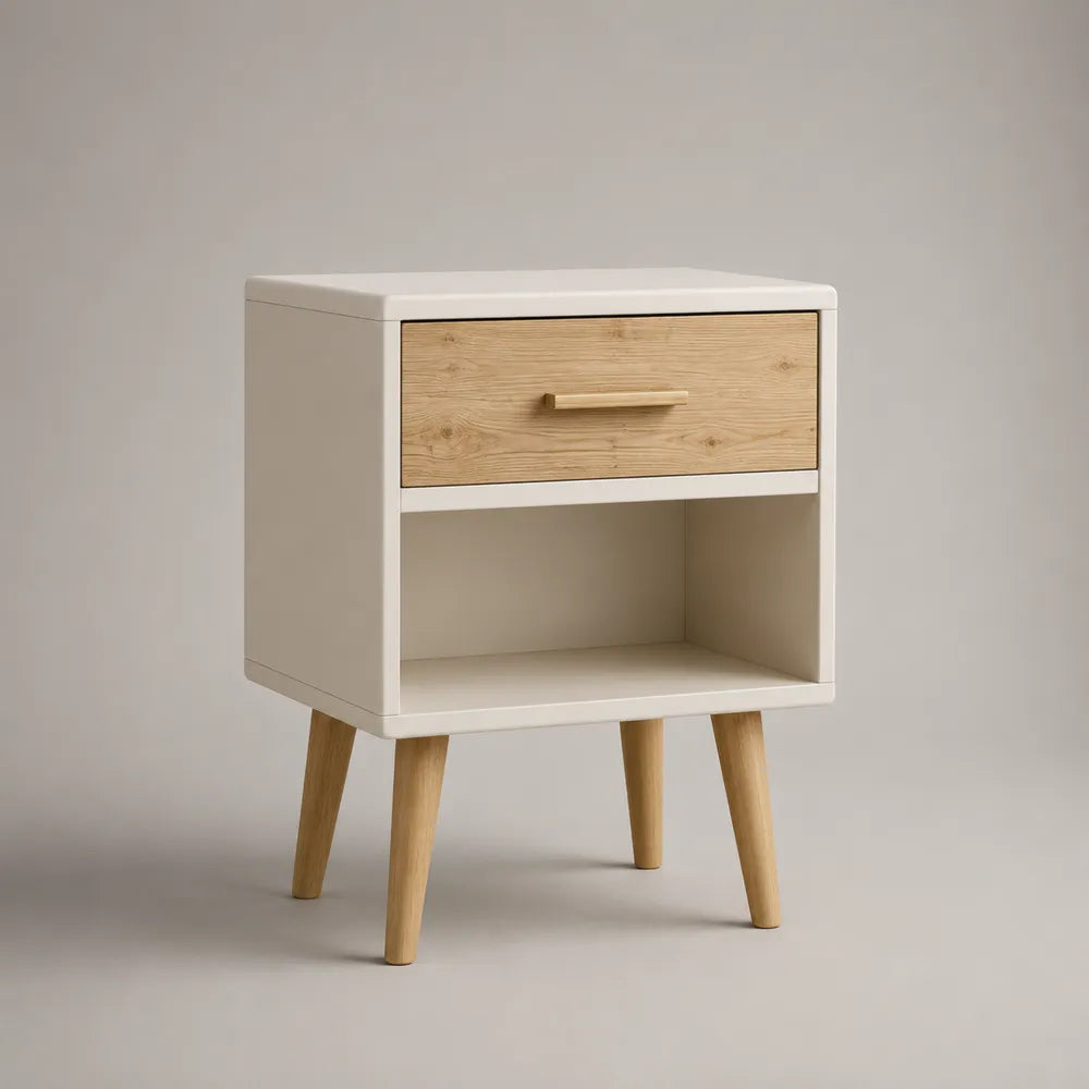 Comodino rettangolare in MDF bianco con cassetto rovere chiaro e vano aperto 45x35x60 cm