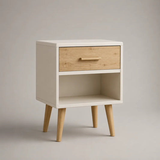 Comodino rettangolare in MDF bianco con cassetto rovere chiaro e vano aperto 45x35x60 cm