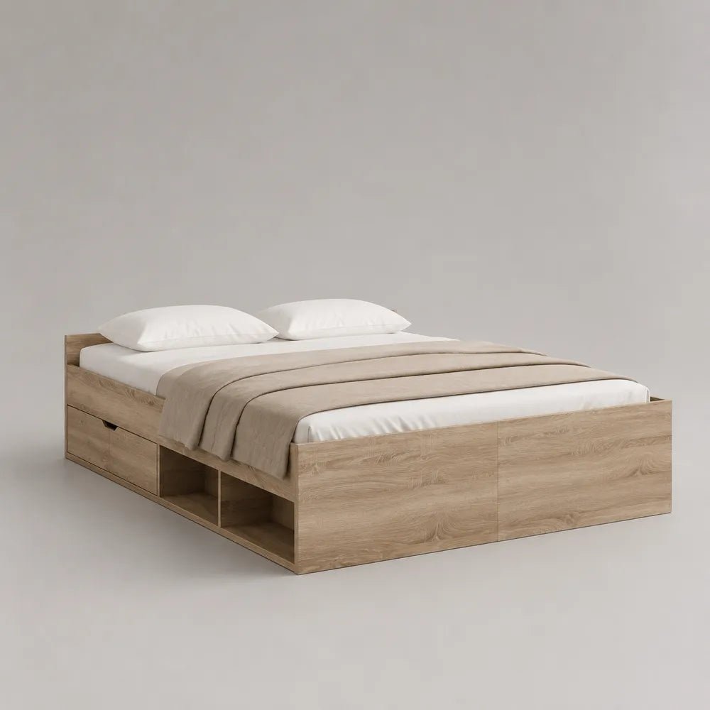 Letto matrimoniale contenitore in MDF effetto rovere chiaro con cassetti e vani laterali 160x200 cm