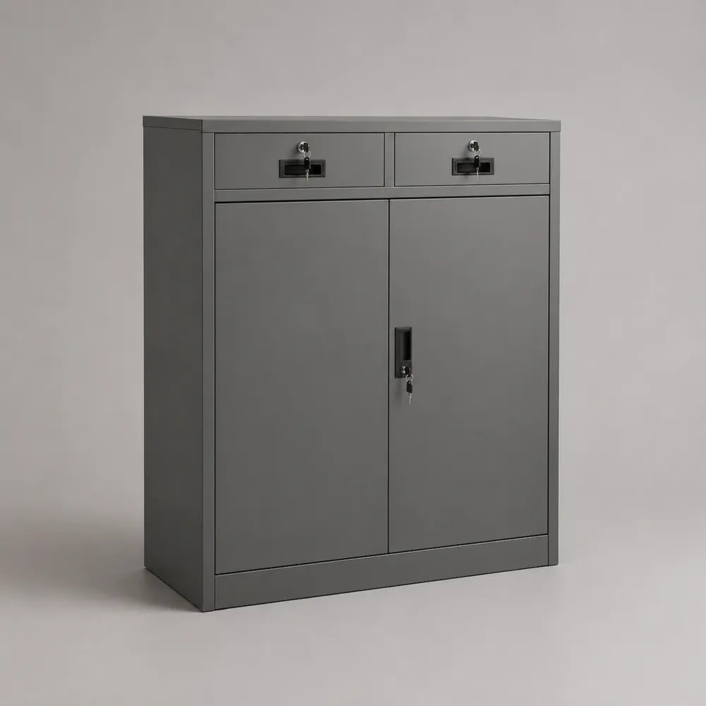 Armadio da ufficio in acciaio verniciato grigio con 2 ante e 2 cassetti 90x40x120 cm