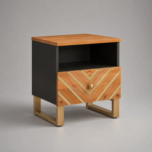 Comodino in MDF con cassetto e vano aperto nero rovere e oro 60x40x55 cm