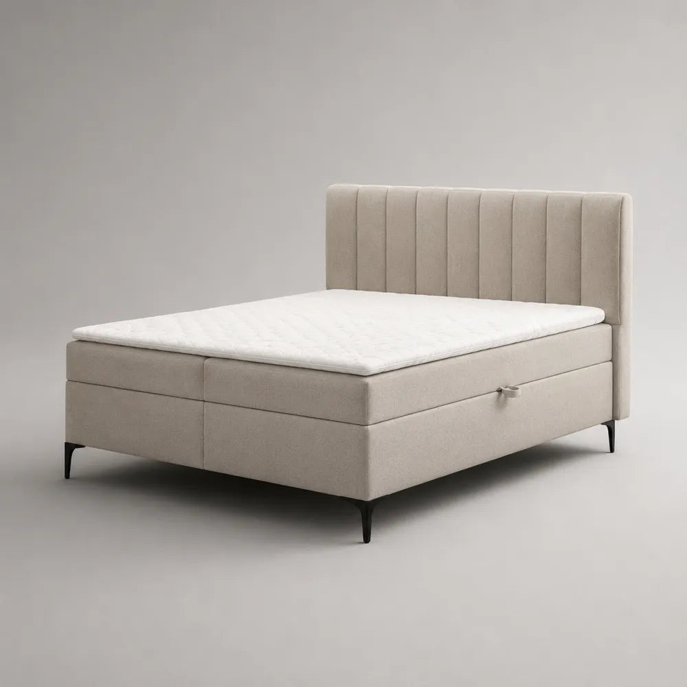 Letto matrimoniale a molle imbottito in tessuto beige con testiera verticale e struttura contenitore 160x200 cm