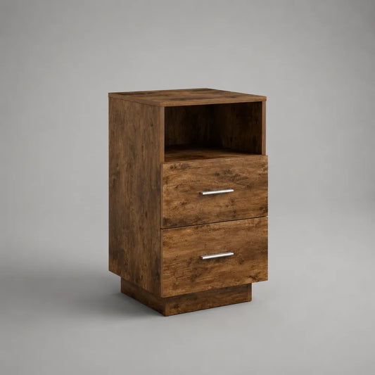 Comodino rettangolare in MDF effetto legno marrone con vano aperto e 2 cassetti 45x40x65 cm