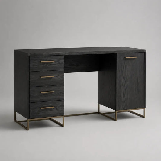 Scrivania da ufficio rettangolare con 4 cassetti e anta in MDF effetto rovere nero e acciaio dorato 160 x 60 x 75 cm