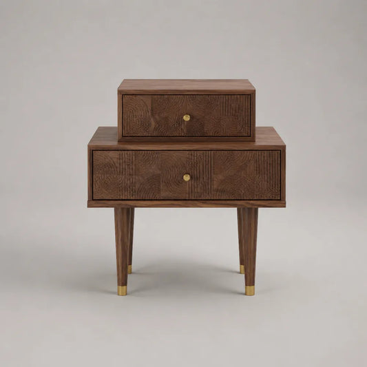 Comodino rettangolare in MDF effetto noce marrone con due cassetti gambe alte 80 x 40 x 75 cm