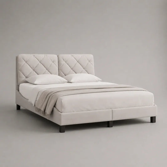 Letto matrimoniale imbottito in tessuto poliestere bianco con testiera trapuntata geometrica 160x200 cm