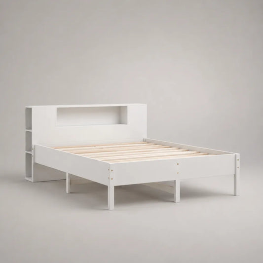 Letto matrimoniale con testiera libreria in MDF bianco con ripiani laterali e struttura rettangolare 160 x 200 cm