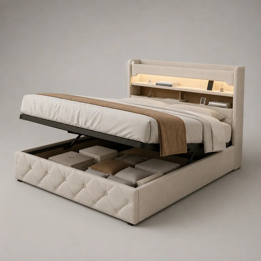 Letto matrimoniale contenitore imbottito in tessuto beige con testiera con ripiani e luce LED 160 x 200 cm