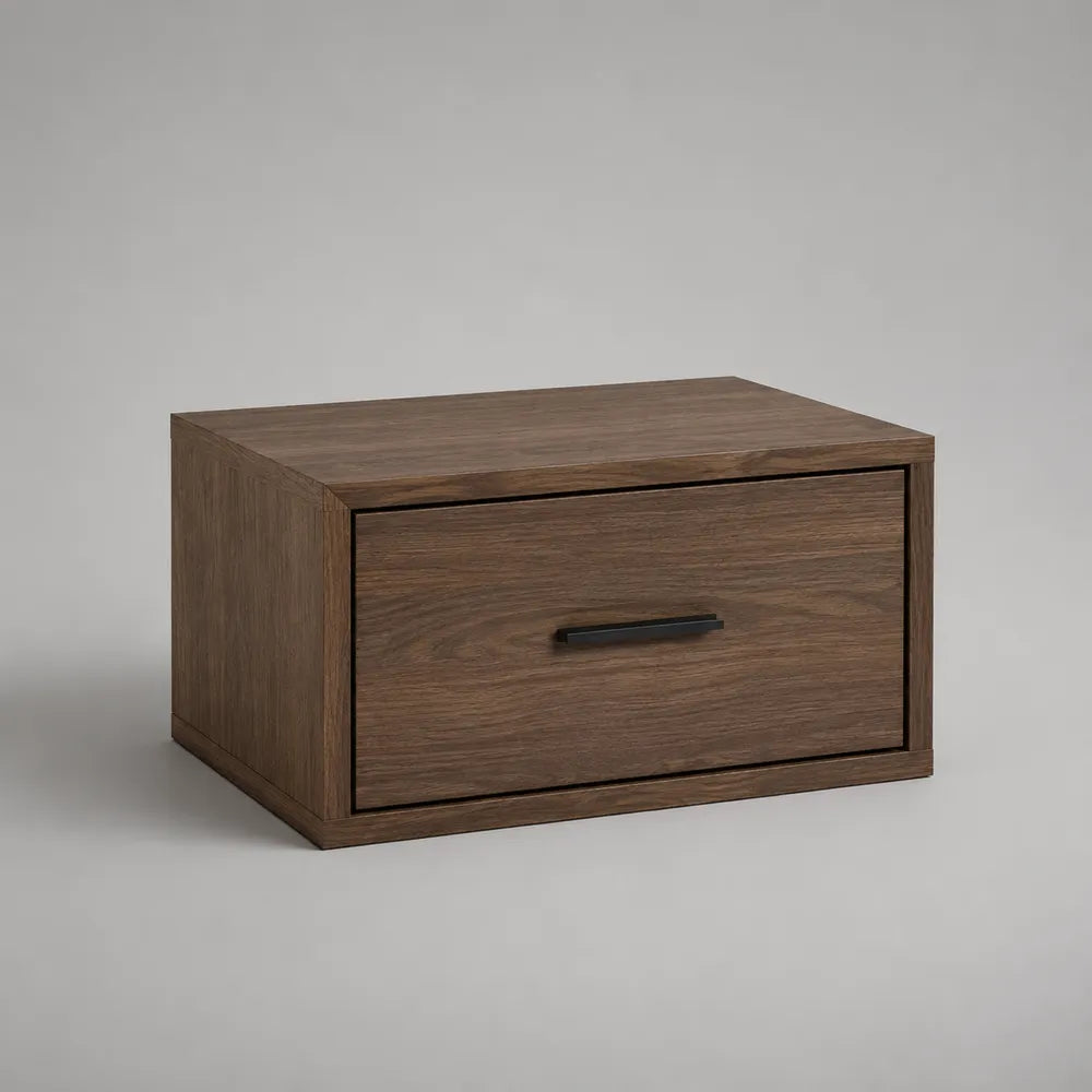 Comodino rettangolare in MDF effetto noce marrone con cassetto frontale e maniglia nera 60 x 40 x 30 cm