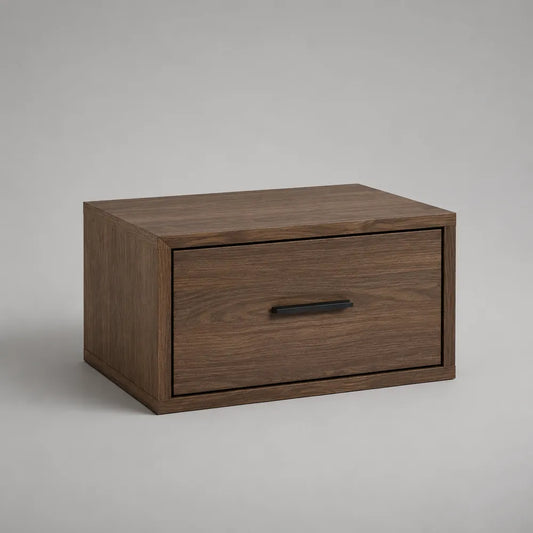 Comodino rettangolare in MDF effetto noce marrone con cassetto frontale e maniglia nera 60 x 40 x 30 cm