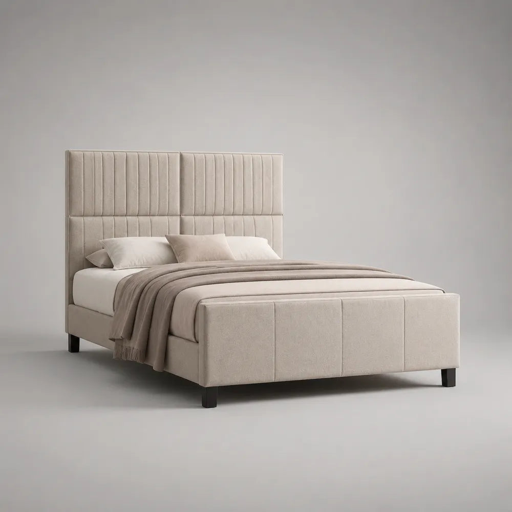 Letto matrimoniale imbottito in tessuto poliestere beige con testiera modulare verticale 160x200 cm