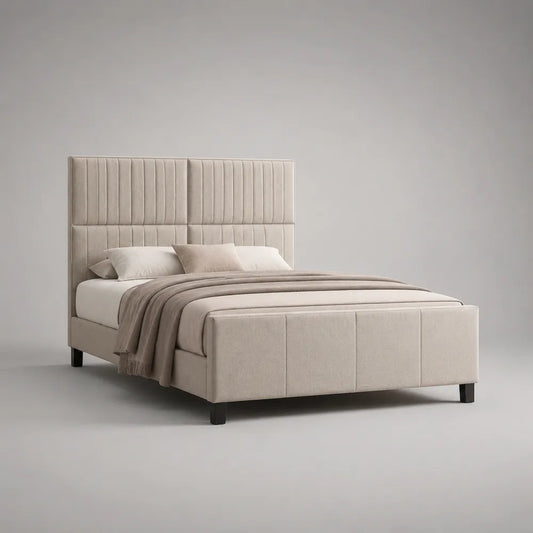 Letto matrimoniale imbottito in tessuto poliestere beige con testiera modulare verticale 160x200 cm