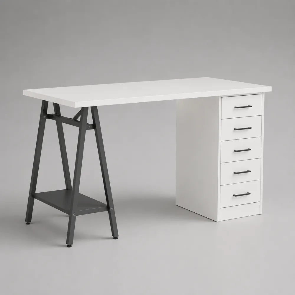 Scrivania da ufficio rettangolare in MDF bianco con cassettiera a 5 cassetti e gambe a cavalletto in acciaio nero 160 x 60 x 75 cm