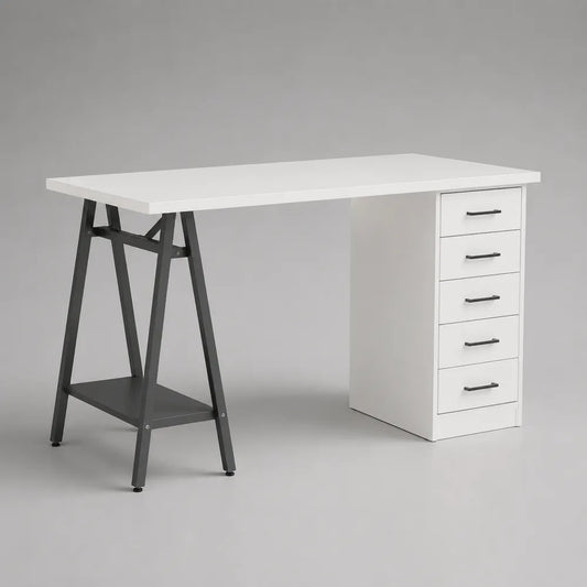 Scrivania da ufficio rettangolare in MDF bianco con cassettiera a 5 cassetti e gambe a cavalletto in acciaio nero 160 x 60 x 75 cm